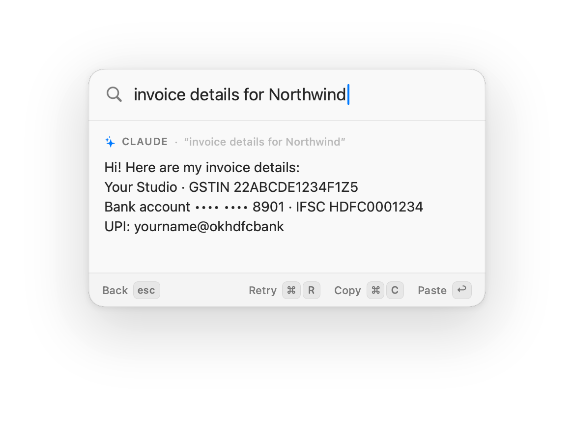 Claude writing invoice details from saved snippets inside OnePaste, with the bank account number masked