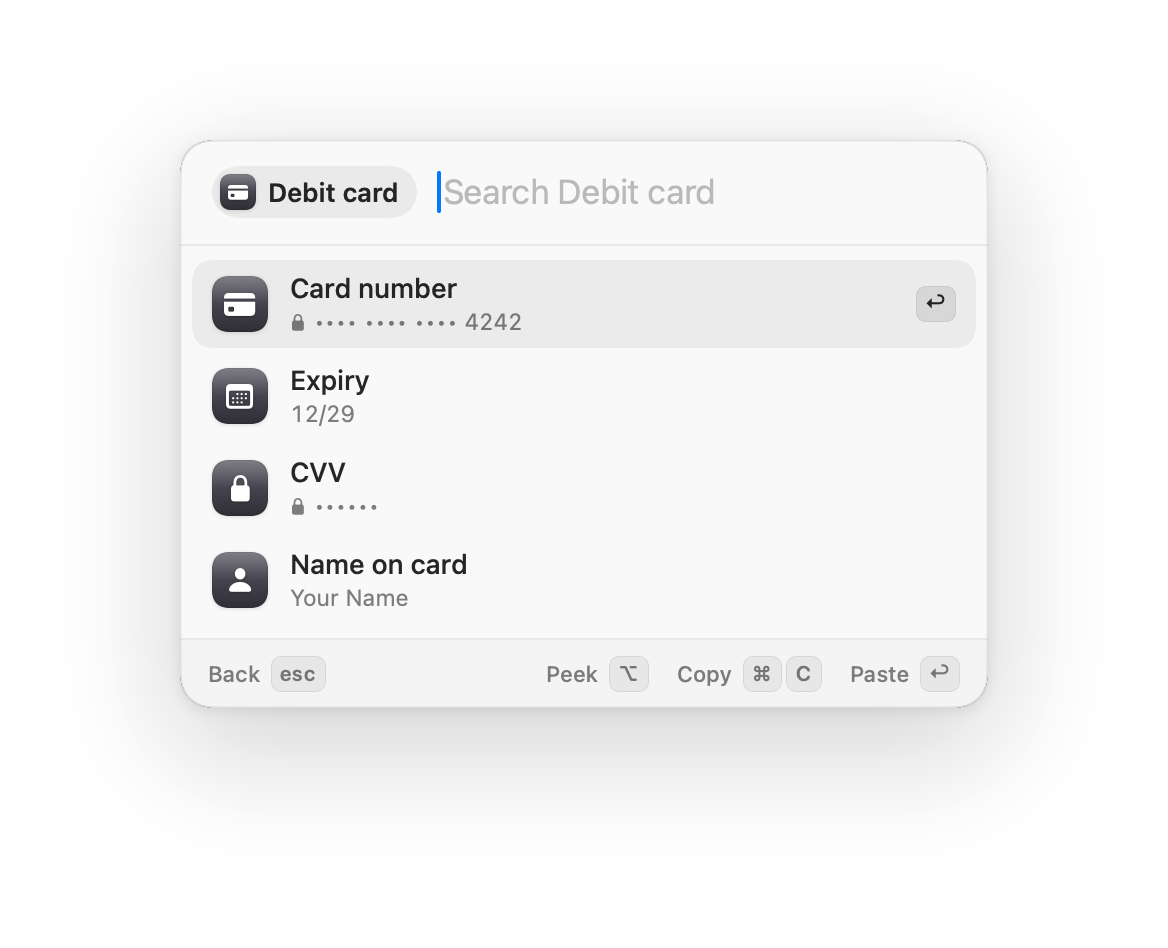OnePaste showing card number, expiry, CVV and name on card as separate fields