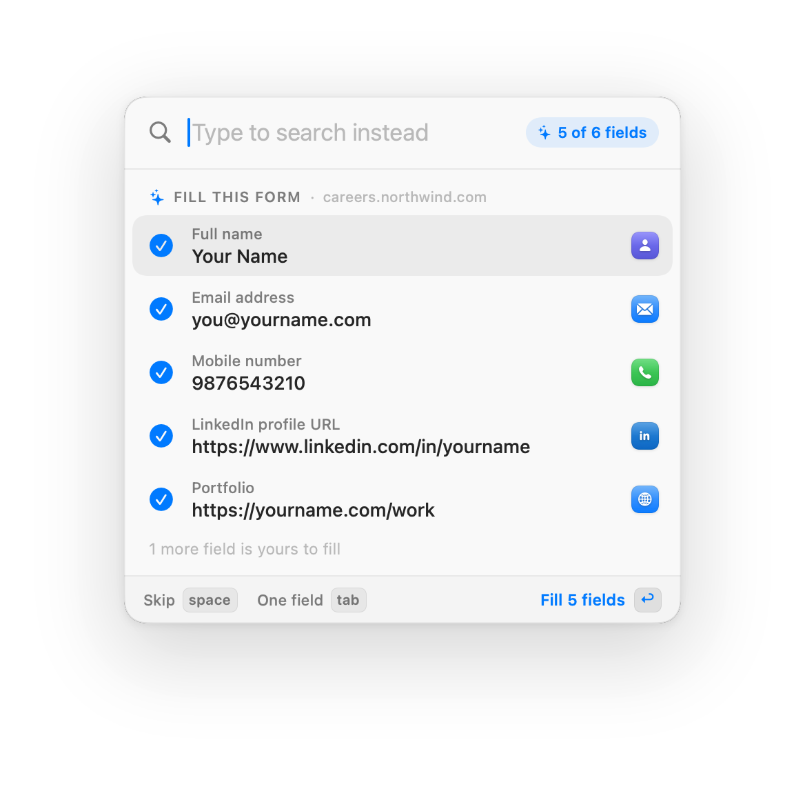OnePaste's Fill this form view listing full name, email, phone, LinkedIn and portfolio with Fill 5 fields
