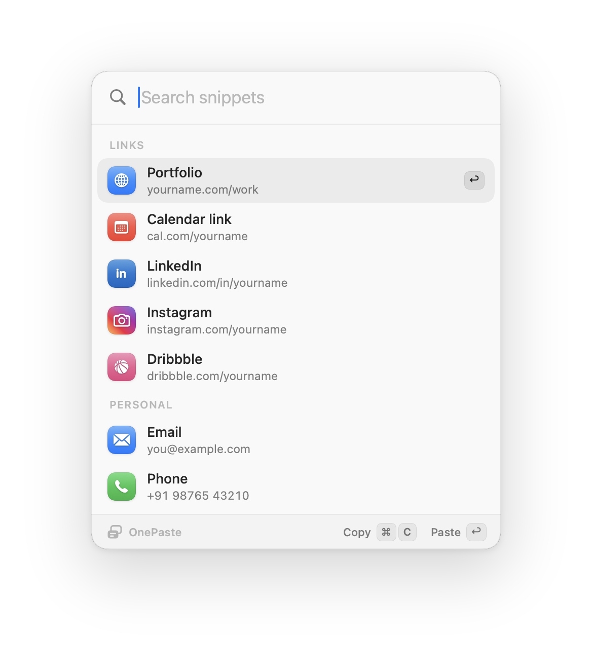 The OnePaste overlay listing saved links, email and phone number