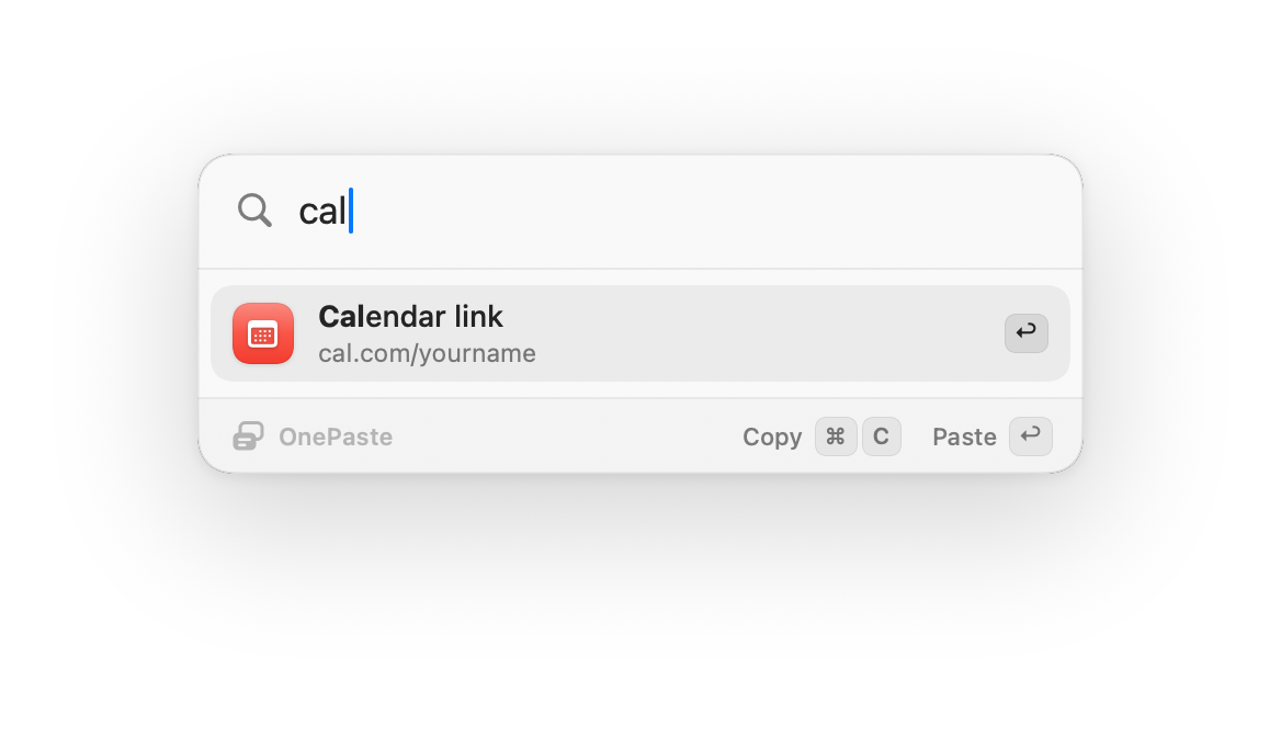 OnePaste search results for the letters cal, showing a calendar link