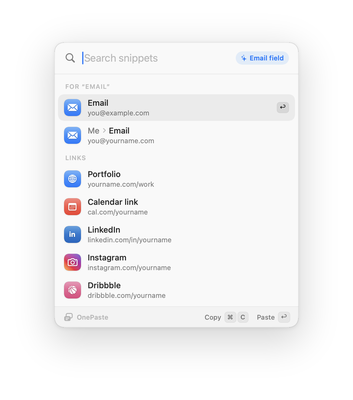 OnePaste suggesting your email first in a field labelled Email address